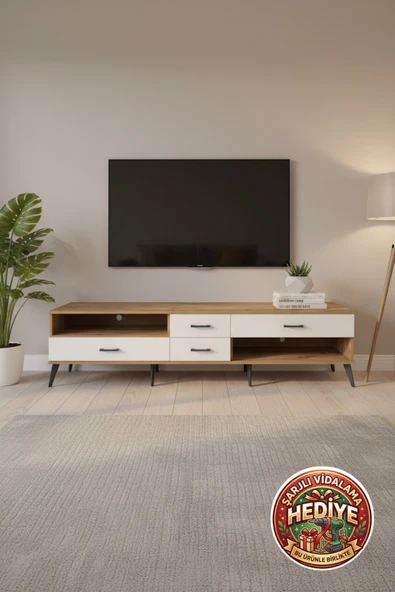 mobihobi Luna TV Ünitesi: Tek Raflı, 4 Çekmeceli, 220cm, Çam/Aytaşı ürün görseli 1