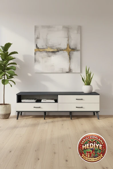 mobihobi Silva Antrasit Tek Raflı 3 Çekmeceli TV Ünitesi (176x30x51cm) ürün görseli 1