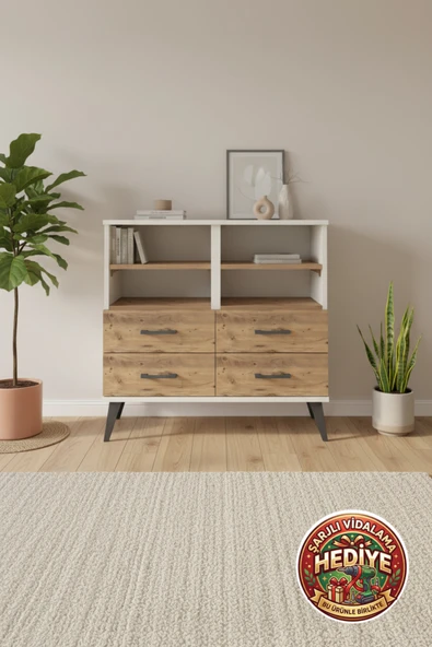 mobihobi Silva 4 Raflı 4 Çekmeceli Şifonyer: Aytaşı-Çam, 88x30x80 cm ürün görseli 1