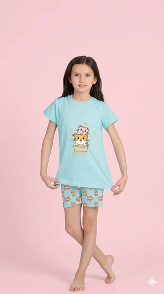 Kız Çocuk Yazlık Şortlu Pijama Takım Kedi ELM-4214 ürün görseli 1