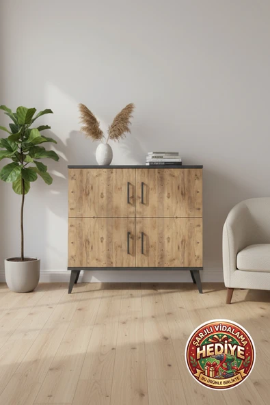 mobihobi Silva Şifonyer: 2 Raflı, 4 Kapaklı, Antrasit-Çam, 88x30x80 cm ürün görseli 1