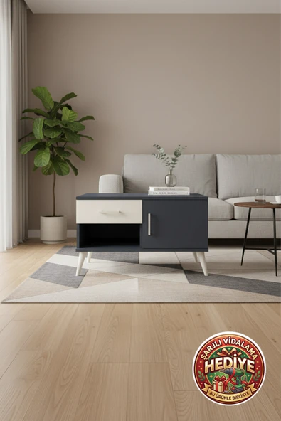 mobihobi Luna Şifonyer: Antrasit & Aytaşı 1 Çekmeceli, 1 Kapaklı, 1 Raflı - 88x44x48 cm ürün görseli 1