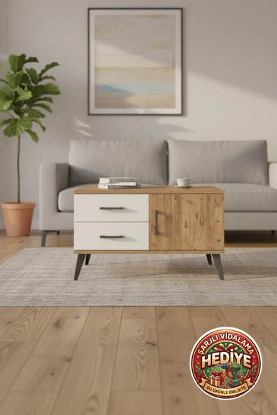 mobihobi Luna Şifonyer: 2 Çekmeceli, 1 Kapaklı, 1 Raflı - 88cm Çam/Aytaşı ürün görseli 1