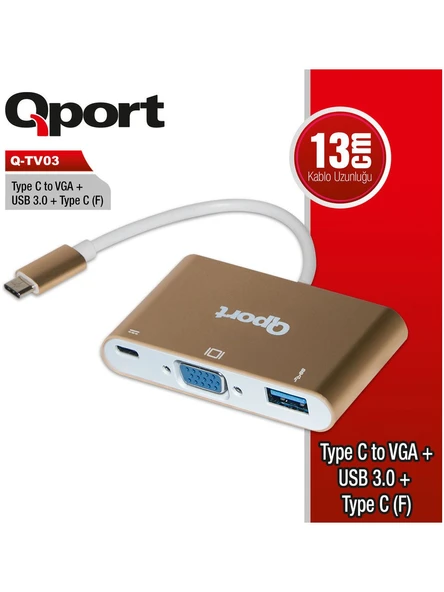 QPORT Q-TV03 0.15metre TypeC-Vga Dişi,USB Çevirici Adaptör Gold 1080p ürün görseli 1