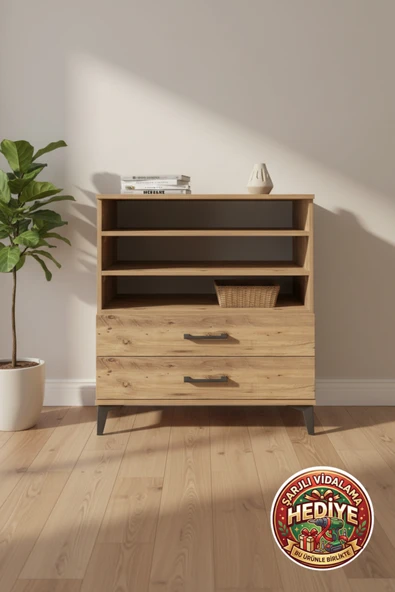 mobihobi Luna Şifonyer: 3 Raflı, 2 Çekmeceli, Atlas Çam - 88x44x96 CM ürün görseli 1