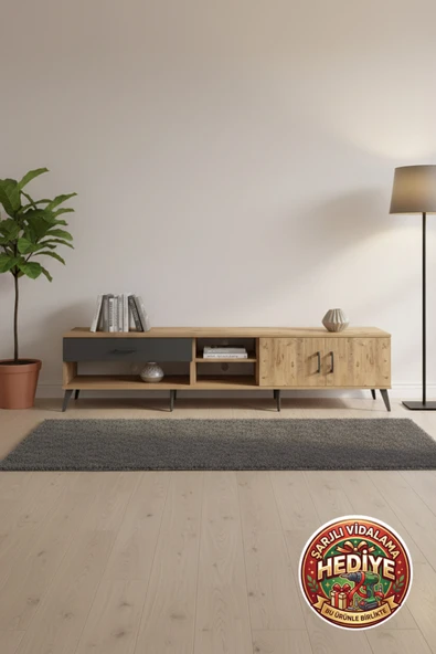 mobihobi Silva TV Ünitesi 220cm Çam/Antrasit - 2 Raflı, 1 Çekmeceli, 2 Kapaklı ürün görseli 1