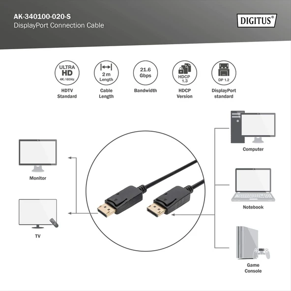 DIGITUS DP Görüntü Kablosu 2m (AK-340100-020-S) - Resim 2