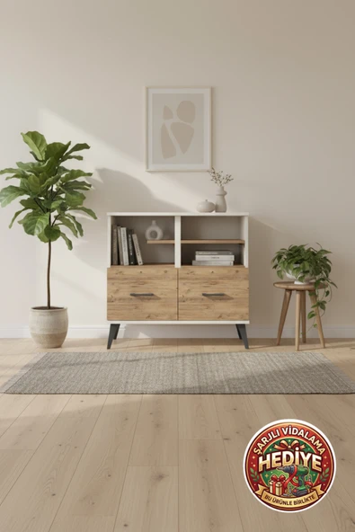 mobihobi Silva 4 Raflı 2 Çekmeceli Şifonyer 88x30x80cm Aytaşı-Çam | Şık ve Fonksiyonel Depolama ürün görseli 1