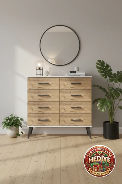 mobihobi Silva 8 Çekmeceli Şifonyer: Aytaşı ve Atlas Çam | 88x30x80 cm ürün görseli 1