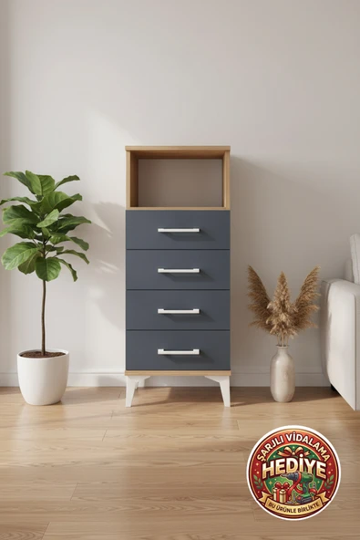 mobihobi Silva Komodin 4 Çekmeceli, 1 Raflı, Çam-Antrasit 44x30x106cm ürün görseli 1