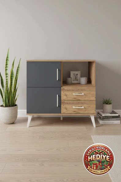 mobihobi Luna Şifonyer 2 Çekmeceli 2 Kapaklı 88x44x80 Çam-Antrasit ürün görseli 1