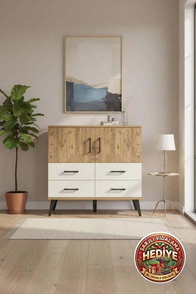 mobihobi Luna Şifonyer 4 Çekmeceli 2 Kapaklı 2 Raflı 88x44x80 Çam/Aytaşı ürün görseli 1