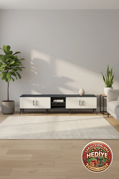 mobihobi Silva TV Ünitesi 220cm 3 Raflı 4 Kapaklı Antrasit-Aytaşı Modern Tasarım ürün görseli 1