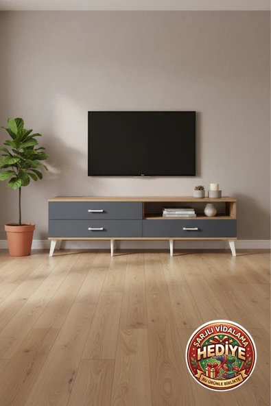 mobihobi Silva Tek Raflı 3 Çekmeceli TV Ünitesi 176x30x51 cm - Çam/Antrasit ürün görseli 1
