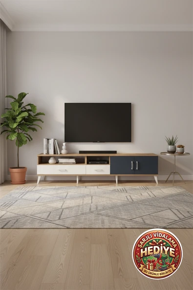 mobihobi Silva TV Ünitesi 220cm: 3 Raflı, 2 Çekmeceli, 2 Kapaklı | Çam/Antrasit ürün görseli 1