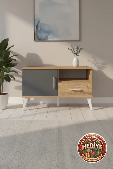 mobihobi Silva Şifonyer 2 Raflı 1 Çekmeceli 1 Kapaklı (88x30x48) Çam/Antrasit ürün görseli 1