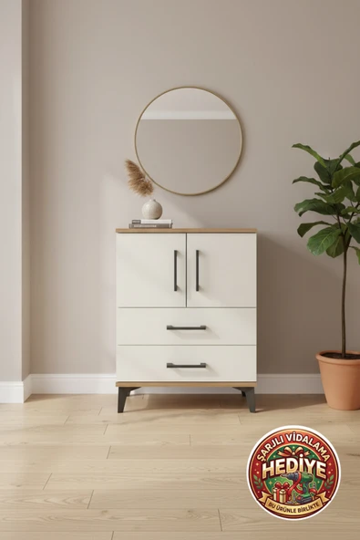 mobihobi Silva Komodin: 2 Çekmeceli, 2 Kapaklı, 2 Raflı – 60x30x80 Cm ürün görseli 1