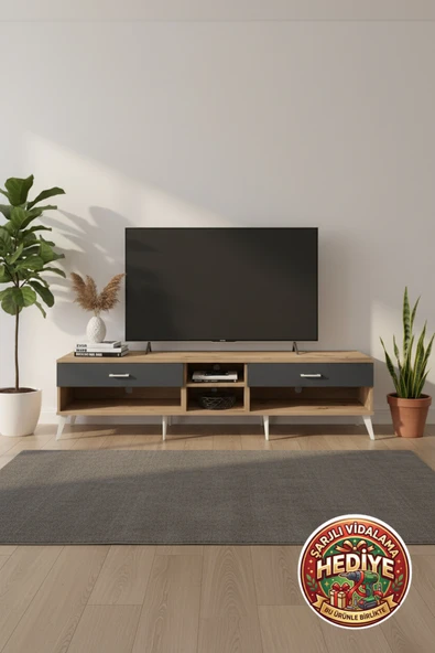 mobihobi Luna Tek Raflı 2 Çekmeceli TV Ünitesi 220cm Çam/Antrasit - Şık ve Fonksiyonel ürün görseli 1