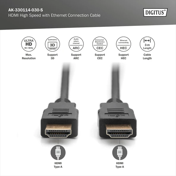 DIGITUS HDMI Görüntü Kablosu 3m (AK-330114-030-S) ürün görseli 1