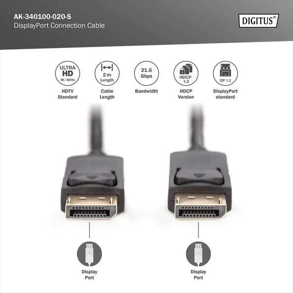 DIGITUS DP Görüntü Kablosu 2m (AK-340100-020-S) - Resim 3