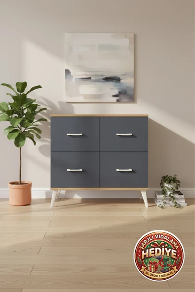 mobihobi Luna Şifonyer 4 Çekmeceli: Çam & Antrasit - 88x44x80 ürün görseli 1