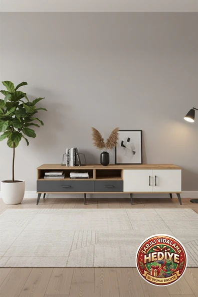 mobihobi Luna TV Ünitesi: 220cm, 3 Raflı, 2 Çekmeceli, 2 Kapaklı (Çam-Aytaşı/Antrasit) ürün görseli 1