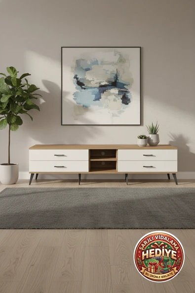 mobihobi Luna TV Ünitesi: 220cm 4 Çekmeceli, Tek Raflı (Çam/Aytaşı) ürün görseli 1