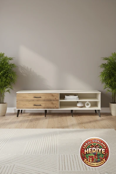 mobihobi Silva TV Ünitesi Tek Raflı 2 Çekmeceli 176x30x51 Aytaşı/Çam - Şık ve Fonksiyonel ürün görseli 1