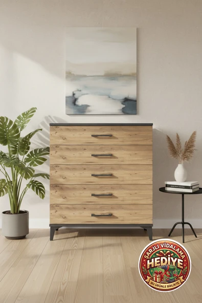 mobihobi Luna 5 Çekmeceli Şifonyer: 88x44x96 Antrasit & Atlas Çam Mobilya ürün görseli 1