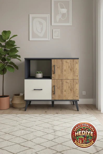 mobihobi Luna Şifonyer 2 Raflı Çekmeceli Antrasit-Çam/Aytaşı 88x44x80 cm ürün görseli 1