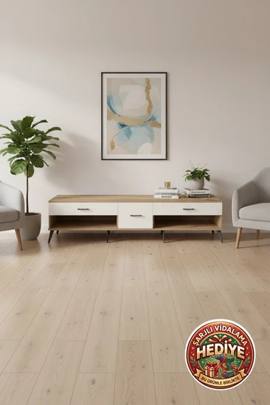 mobihobi Luna TV Ünitesi: 3 Çekmeceli, Çam/Aytaşı, 220cm Genişlik ürün görseli 1
