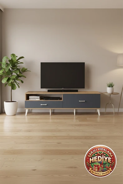 mobihobi Silva TV Ünitesi Tek Raflı, 2 Çekmeceli 176x30x51 Çam/Antrasit ürün görseli 1