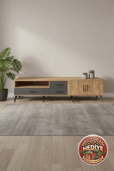 mobihobi Luna TV Ünitesi 220cm: 3 Çekmeceli, 2 Raflı, 2 Kapaklı | Atlas Çam/Antrasit ürün görseli 1