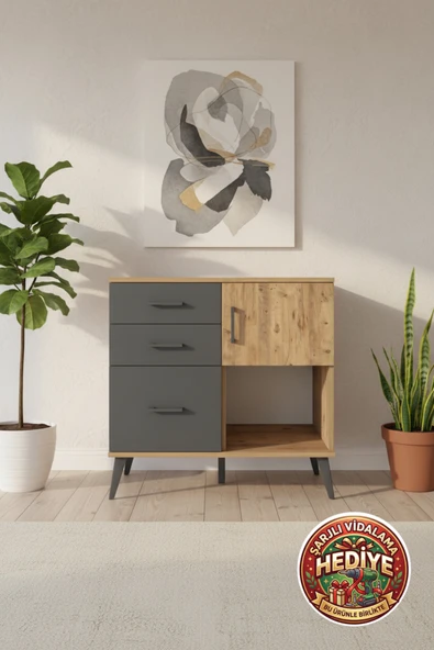 mobihobi Luna Şifonyer: 3 Çekmeceli, Tek Raflı, Çam-Antrasit Tasarım | 88x44x80cm ürün görseli 1