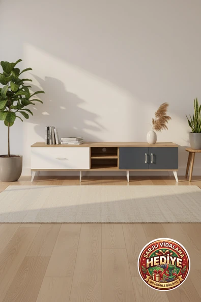 mobihobi Luna TV Ünitesi: 2 Raflı, 1 Çekmeceli, 2 Kapaklı (220cm, Çam/Antrasit) ürün görseli 1