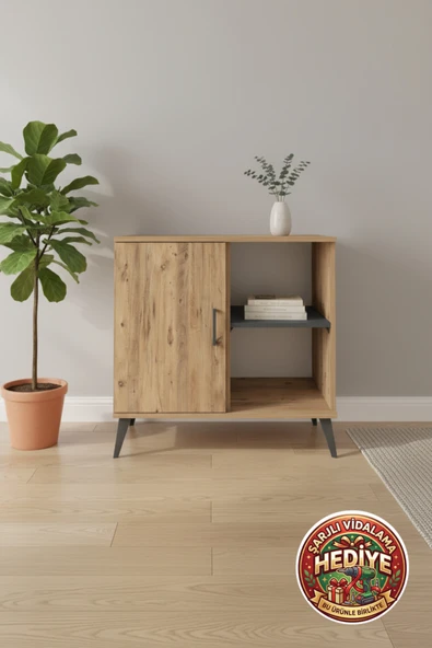 mobihobi Luna Şifonyer: 2 Raflı, Tek Kapaklı, 88x44x80 Çam/Antrasit Depolama Çözümü ürün görseli 1