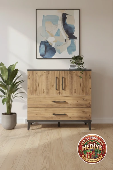 mobihobi Luna Şifonyer: 2 Çekmeceli, 2 Kapaklı, Antrasit-Çam | 88x44x80 cm ürün görseli 1