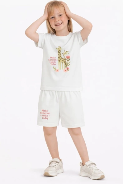 Kız Çocuk Şortlu Yazlık Pijama Takımı Zürafa Temalı NBK-6145 ürün görseli 1