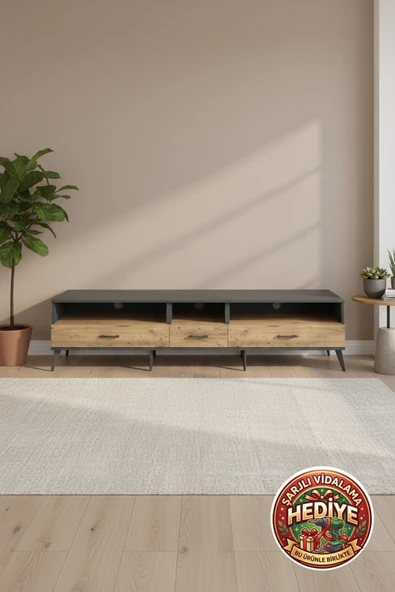 mobihobi Luna TV Ünitesi: 220cm, 3 Raflı, 3 Çekmeceli, Antrasit-Çam | Modern Tasarım ürün görseli 1