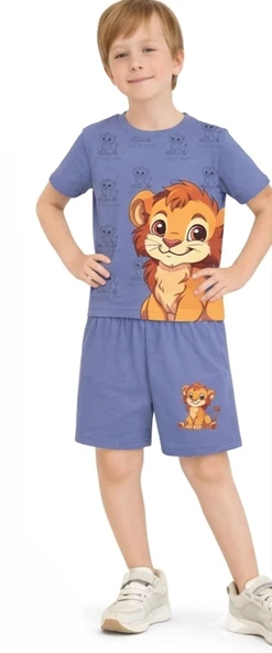 Erkek Çocuk Şortlu Yazlık Pijama Takımı Aslan Temalı NBK-7241 ürün görseli 1