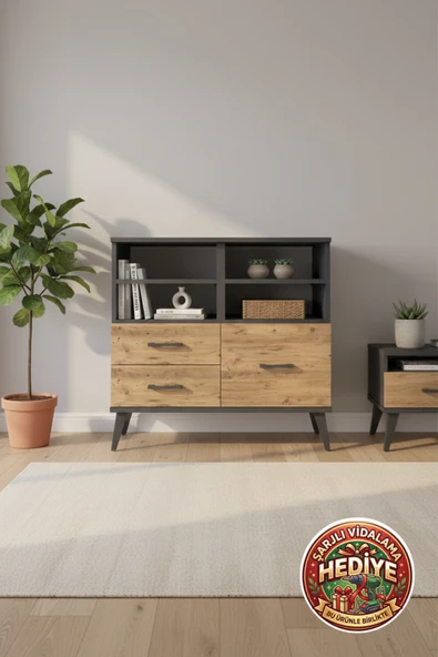 mobihobi Luna 4 Raflı 3 Çekmeceli Şifonyer - Antrasit/Çam | 88x44x80 ürün görseli 1