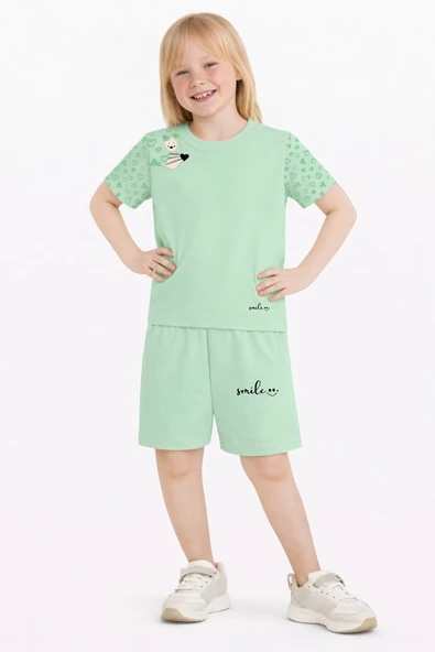 Kız Çocuk Şortlu Yazlık Pijama Takımı Kedi Temalı NBK-6144 ürün görseli 1
