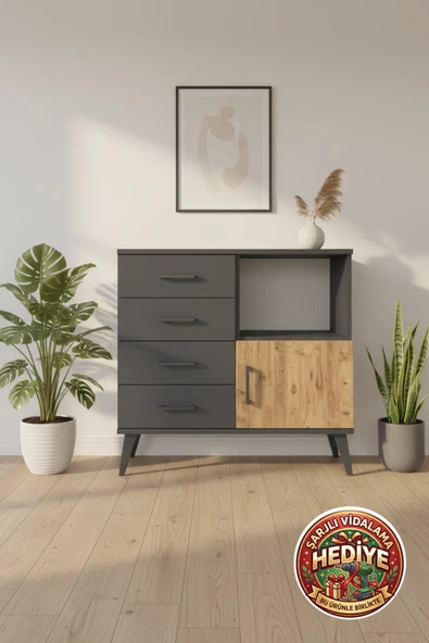mobihobi Silva Şifonyer 4 Çekmeceli, 1 Raflı, 1 Kapaklı - Antrasit/Çam, 88x30x80 cm ürün görseli 1