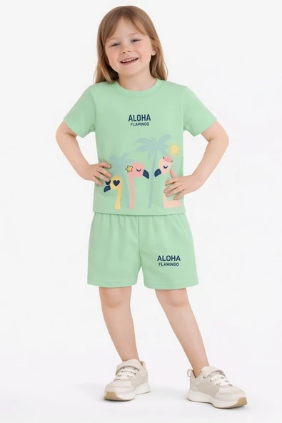 Kız Çocuk Şortlu Yazlık Pijama Takımı Flamingo Temalı NBK-6156 ürün görseli 1