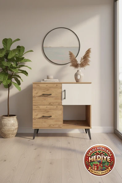 mobihobi Luna Çam Şifonyer: 2 Çekmeceli, 1 Kapaklı Raflı Depolama Çözümü (88x44x80cm) ürün görseli 1