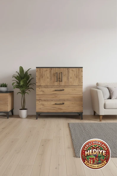 mobihobi Luna Şifonyer: 2 Çekmece, 2 Kapaklı, 2 Raflı Antrasit & Çam | 88x44x96 cm ürün görseli 1