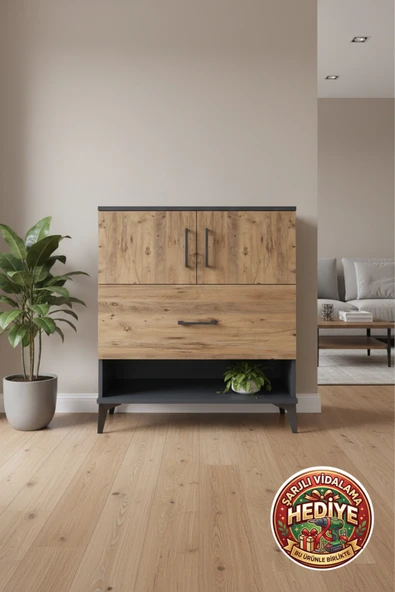 mobihobi Luna Şifonyer: Tek Çekmeceli, 2 Kapaklı, 1 Raflı 88x44x96 Antrasit-Çam ürün görseli 1