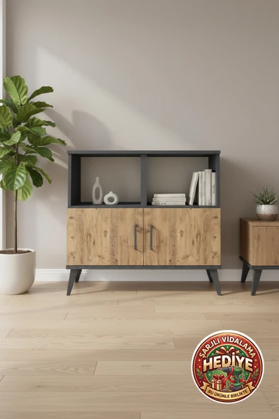 mobihobi Silva Şifonyer: 2 Kapaklı, 2 Raflı Antrasit-Çam, 88x30x80cm ürün görseli 1