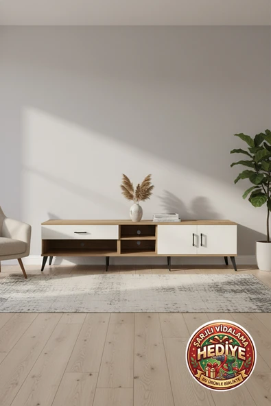mobihobi Luna TV Ünitesi: 2 Raflı, Çekmeceli, Dolaplı (220x44x51) ürün görseli 1