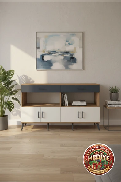 mobihobi Luna Konsol 2 Raflı, 2 Çekmeceli, 4 Kapaklı - 176cm, Çam/Aytaşı Renk ürün görseli 1